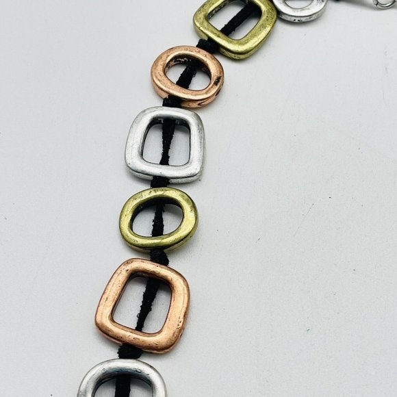 Open Square Necklace Black Suede Cord Mixed Metal Tones Modernist Classic Career - Picture 6 of 9